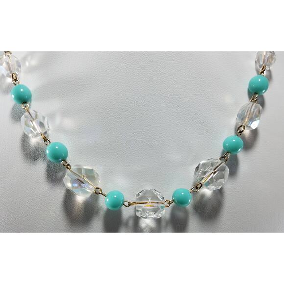 Vintage Art Deco Crystal Bead Necklace Turquoise Lucite 1940s 1950s Hand Cut 17" - Picture 10 of 10